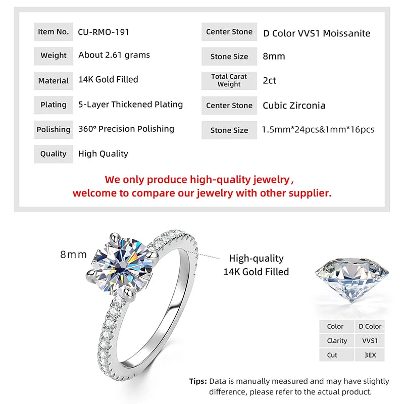 IOGOU Classic 8mm 2.0CT D Moissanite Ring 14k Gold Filled Engagement Wedding Rings for Women Finger Jewelry with GRA Certificate