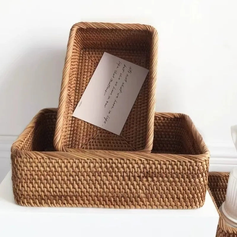 Rattan Storage Basket for Home Decor Snack Handmade Woven Nesting Baskets Wicker Storage Box Kitchen Table Household Supplies