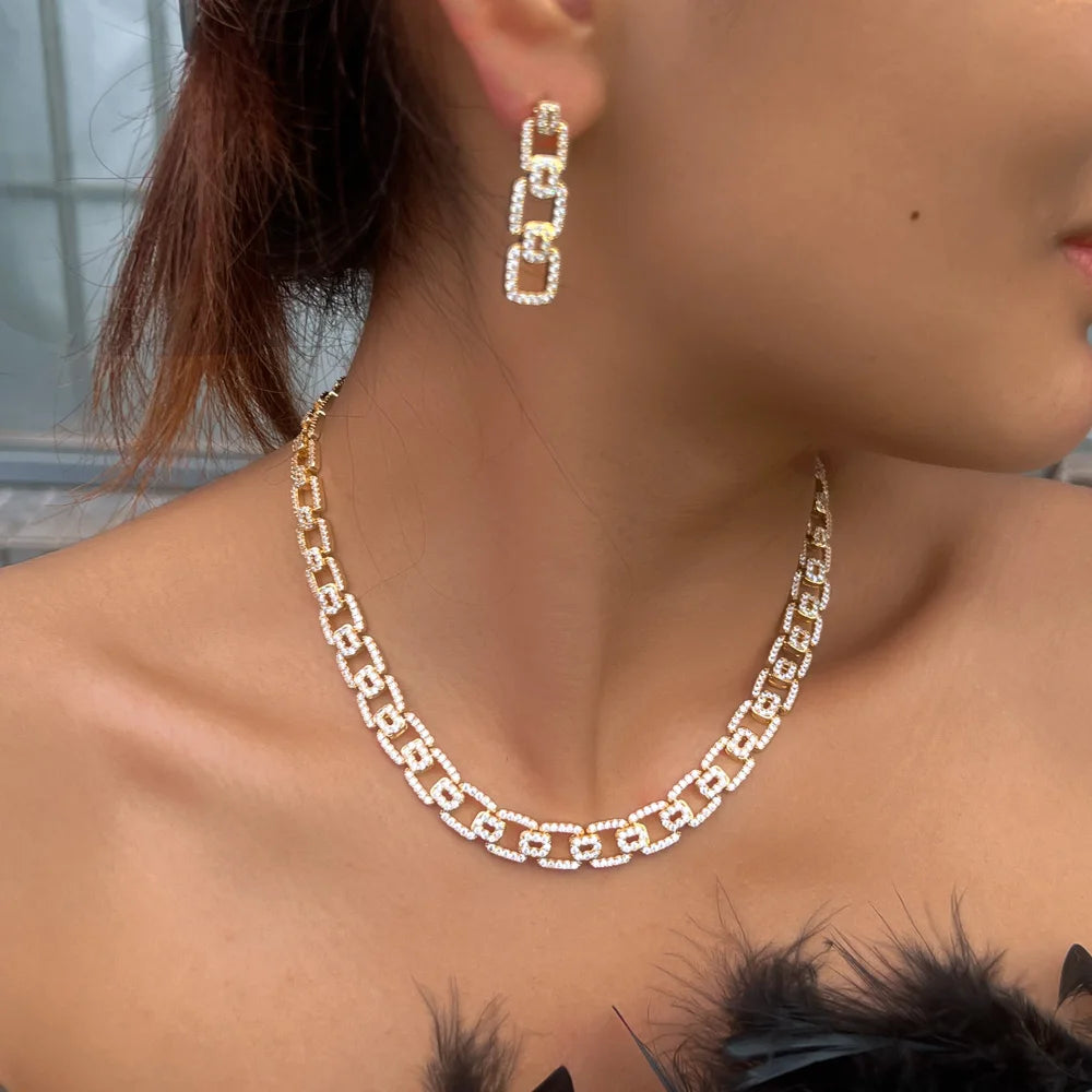 CWWZircons Fashion Micro Pave Cubic Zirconia Cuban Chain Link Engagement Wedding Necklace Earrings Jewelry Sets for Women T0944