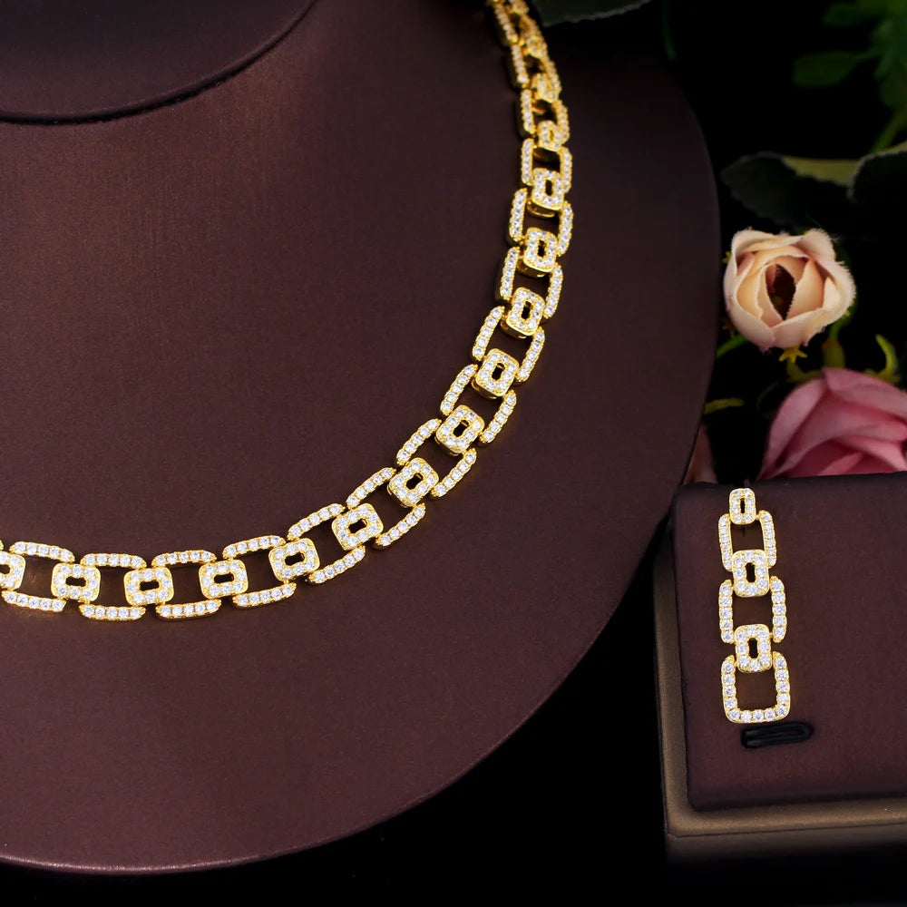 CWWZircons Fashion Micro Pave Cubic Zirconia Cuban Chain Link Engagement Wedding Necklace Earrings Jewelry Sets for Women T0944