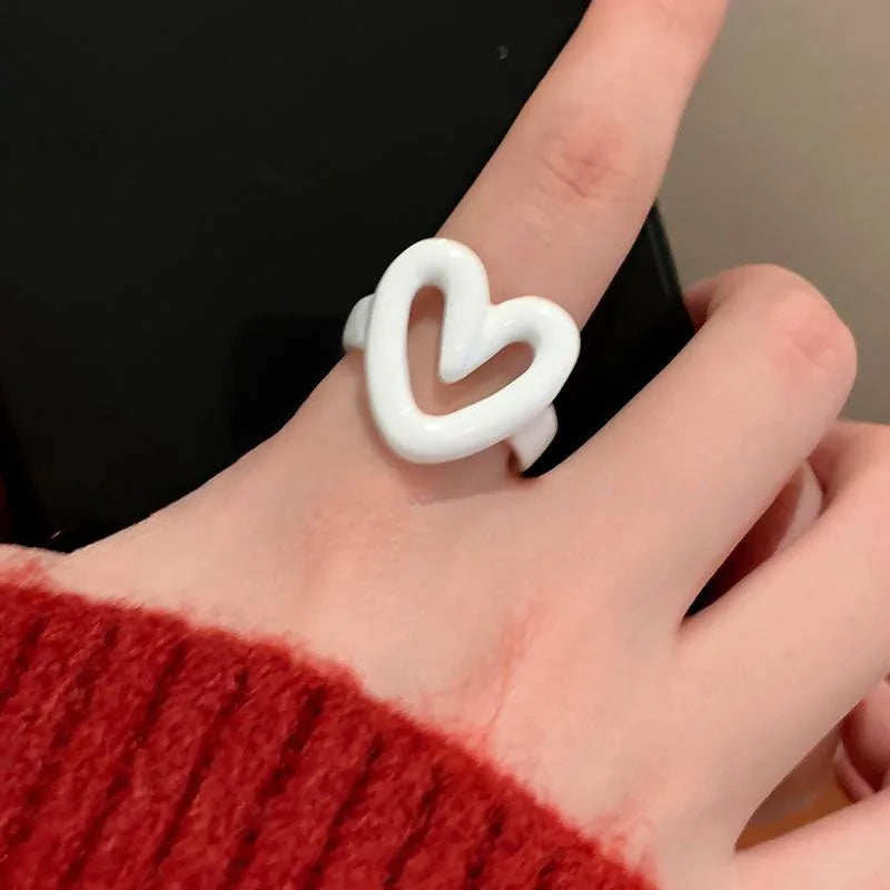 LATS White Red Enamel Heart Sweet Ring for Women Girls Trendy Geometric Dripping Oil Y2K Opening Rings Jewelry Gift Wholesale