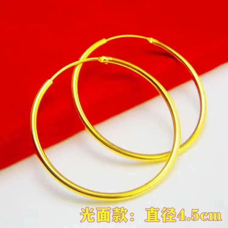 24K Gold AU999 Large Round Hoop Earrings Women's - Premium pure gold, classic versatile design, suitable for commute