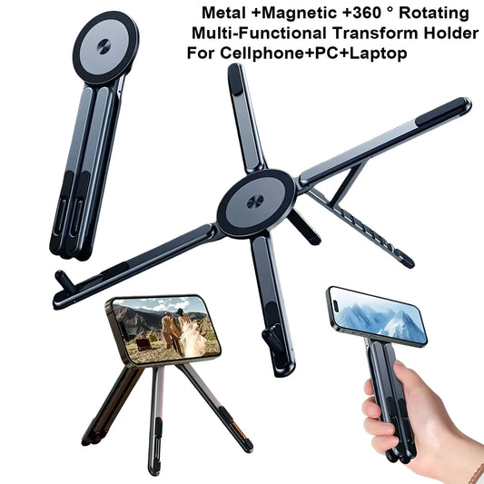Black magnetic phone tripod stand with rotating 3-arm base