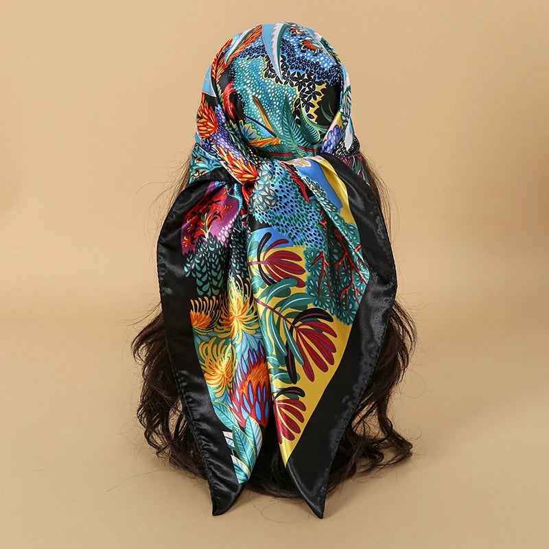 Luxury Brand Silk Satin Square Scarf Women Hijab Bandana Muslim Headscarves Shawl Wrap Ladies Headband Neckerchief Foulard 90cm
