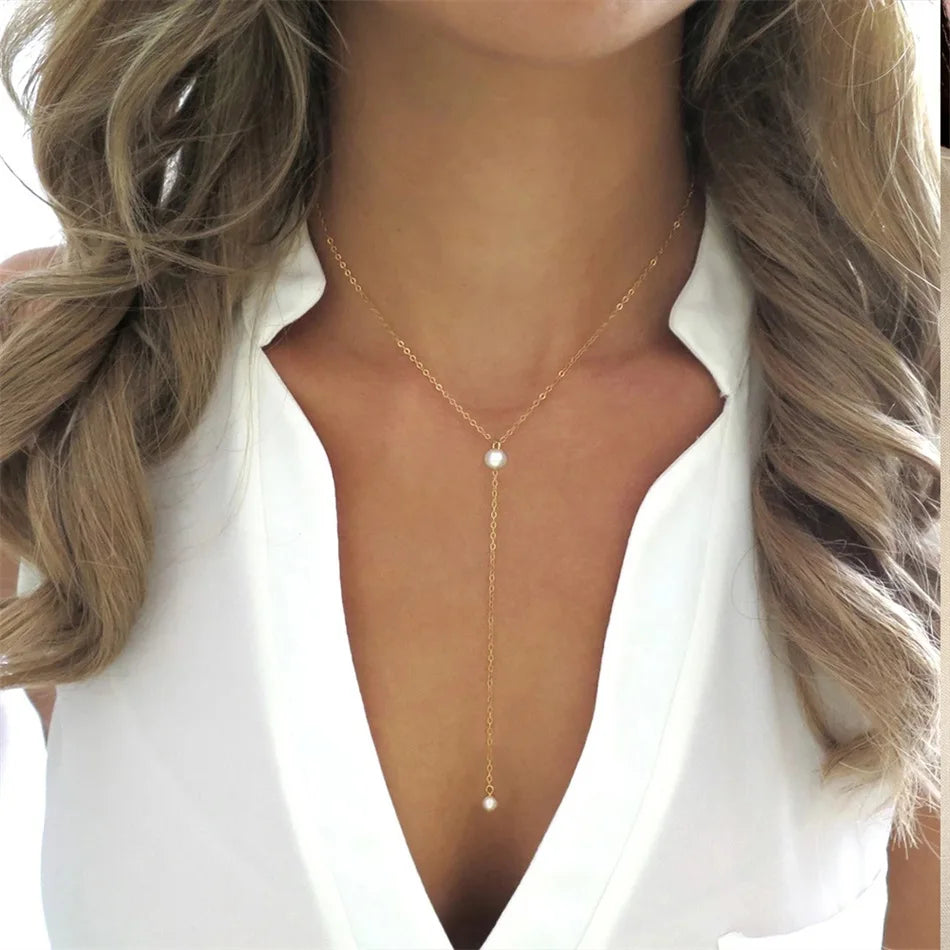 316L Stainless Steel Fashion Golden Color Chain Jewelry Necklace For Women Imitation Pearl Beads Pendant Gifts Jewelry Wholesale