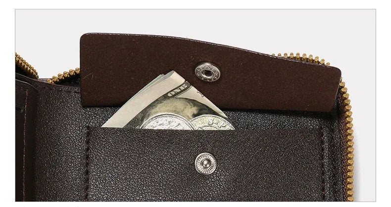 Short Horizontal Zipper Coin Pocket Tri-fold Card Case Purse Billetera Hombre Vintage Men High Quality PU Leather Small Wallet