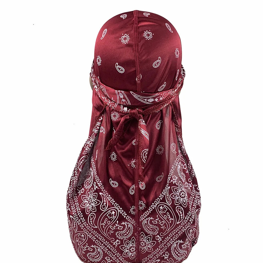 Satin Floral Printed Headband Scarves for Women Hair Accessories Mens Doo Rag Durag Long Tail Cap Bandana Turban Unisex Headwear