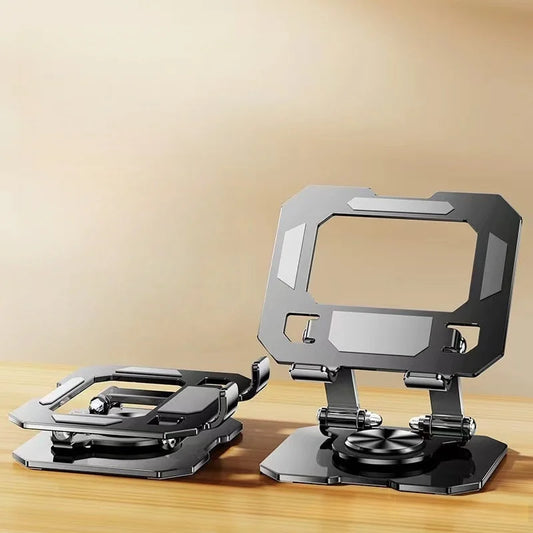 All-metal foldable desktop stand with adjustable phone/tablet holder, dark base and silver frame