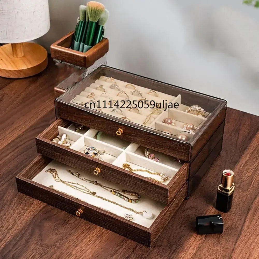 Multi-layer Wooden Jewelry Box Transparent Window Rings Necklace Jewelry Storage Case Organizer Bracelet Earrings