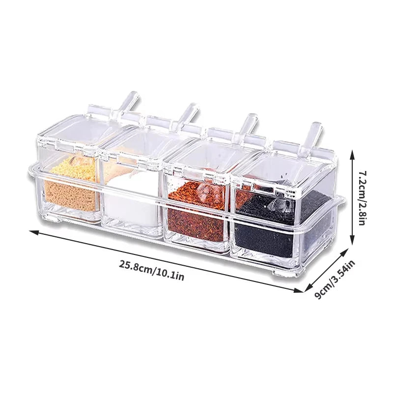 Kitchen Spice Pot 4 Transparent Seasoning Boxes with Cover and Spoon for Storage Containers Seasoning Cans Acrylic Seasoning Box
