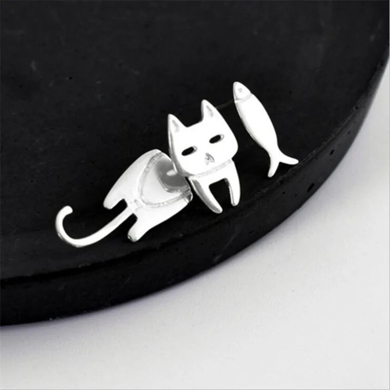 925 Sterling Silver Ear Stud Cat Fish Earring Gift for Women Hypoallergenic Eardrop Fine Jewelry Studs Prevent Allergy Dangler