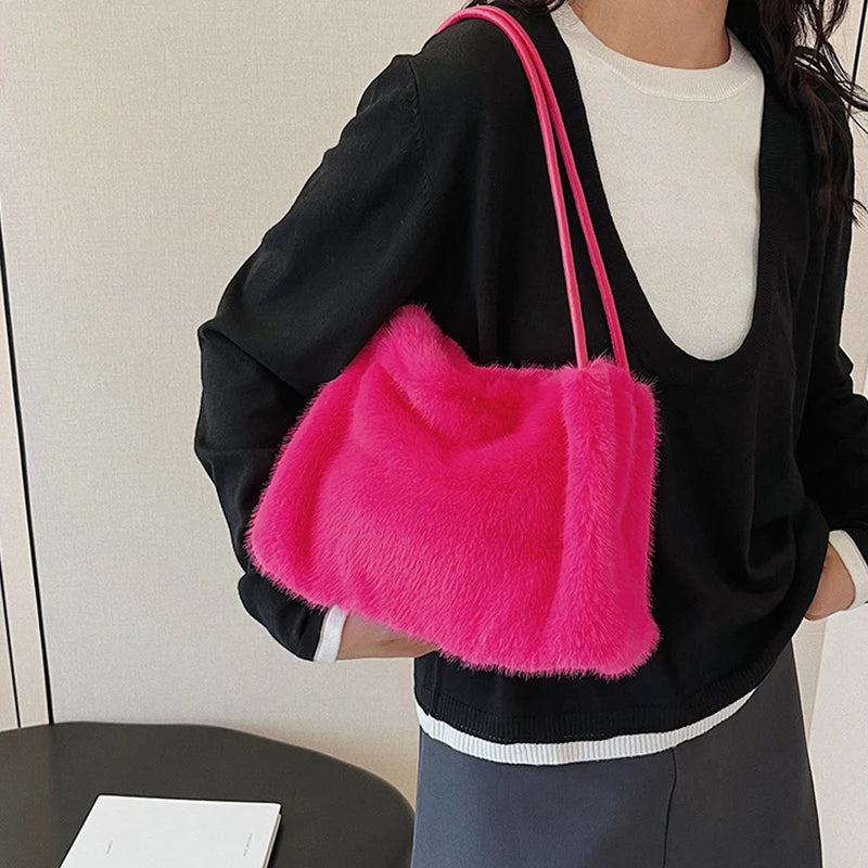 Female Autumn Winter Plush Handbag Versatile Solid Color Chain Crossbody Shopping Bag Women New Design Chain Messenger Bags