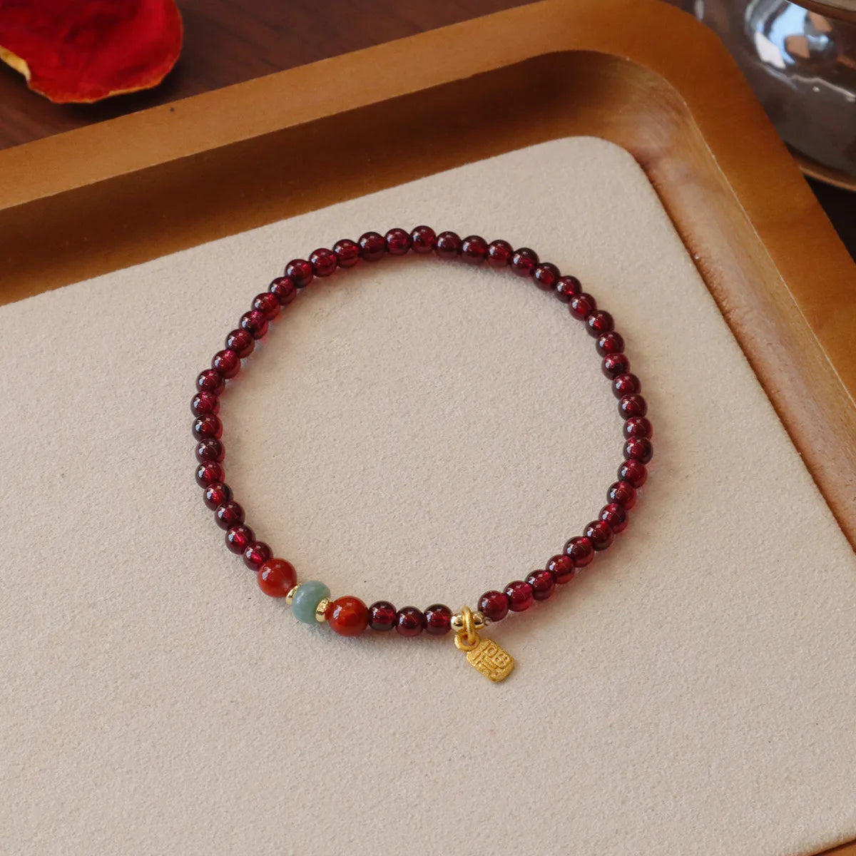 2026 3MM Garnet Bracelet with Aqua Jade & Agate, Gold Plated Stackable Beaded Bracelets for Women, Healing Crystal Gift 1420