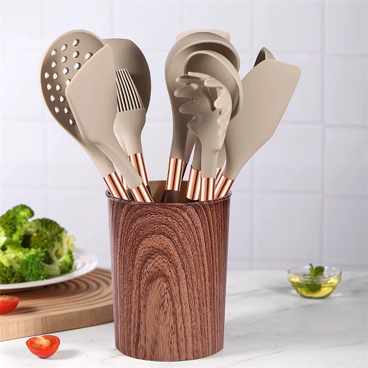 LMETJMA Silicone Kitchen Utensil Set 10 Pcs Cooking Utensil with Utensils Holder Wooden Pattern Handles Nonstick Cookware JT264