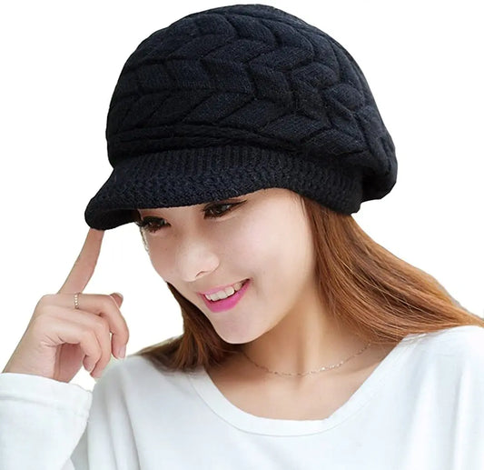 Rib-knit black beanie cap with folded cuff