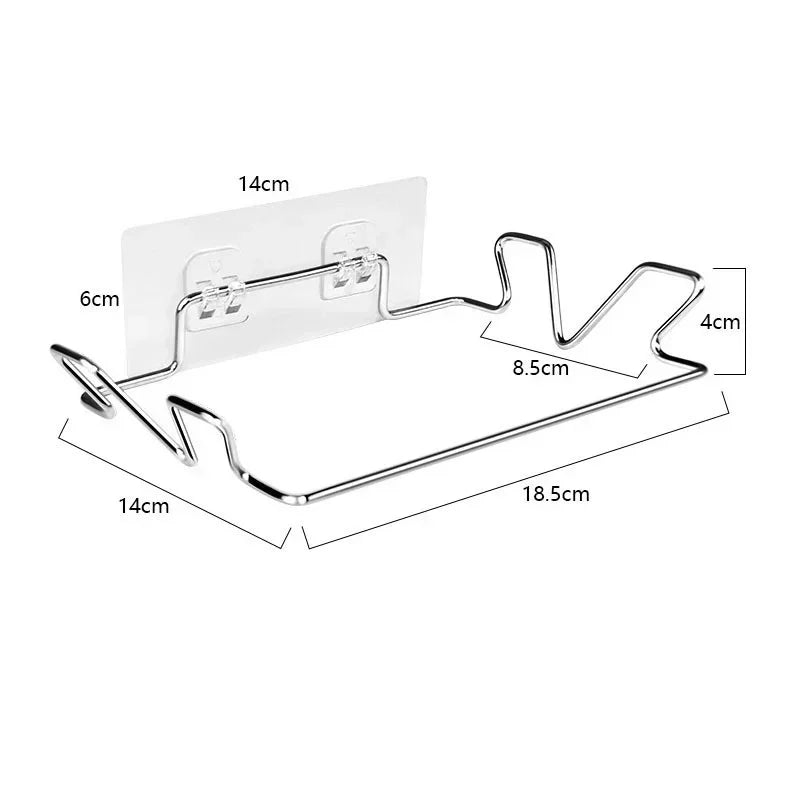 Stainless trash bag holder rack size diagram with mounting plate and support arms