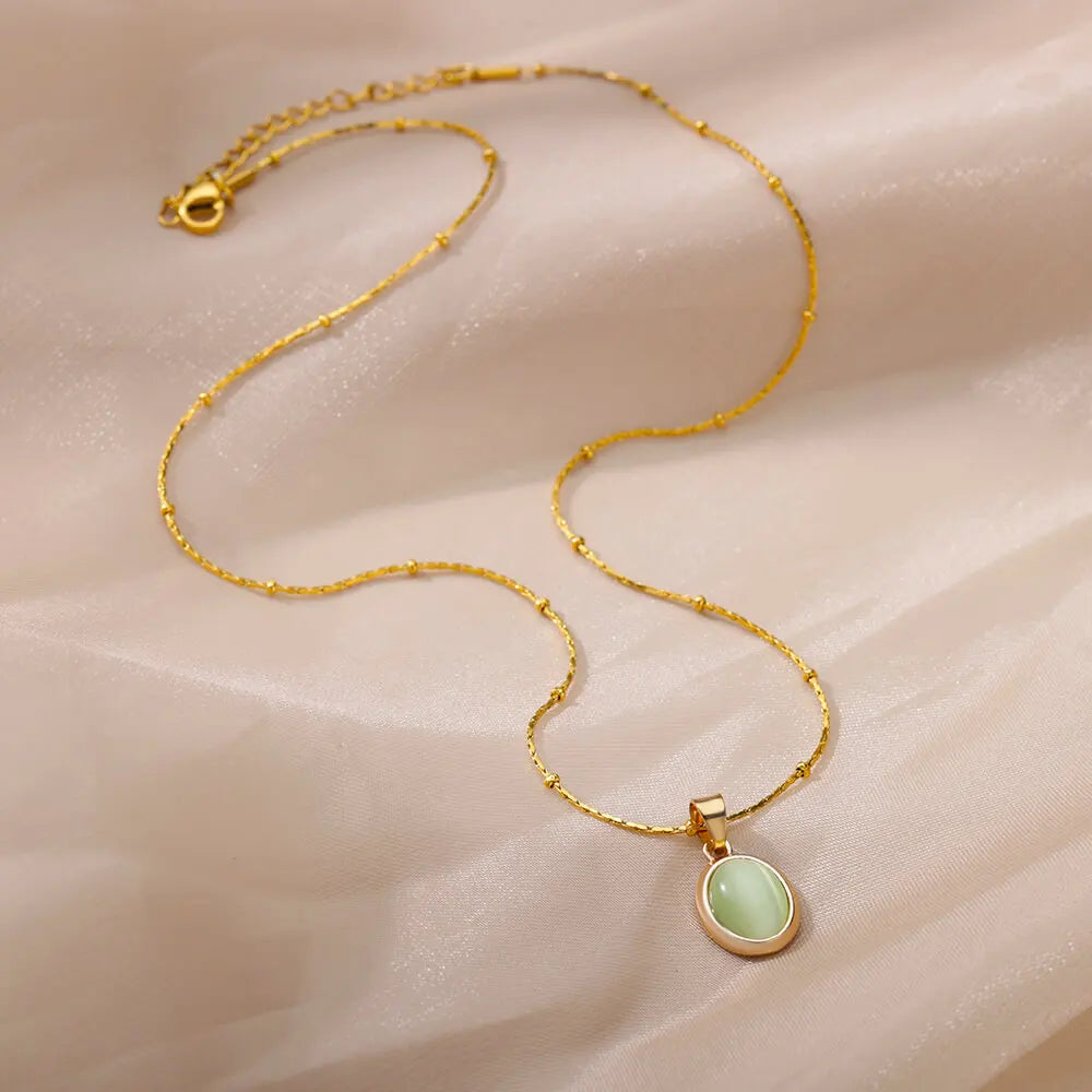Oval Opal Pendant Necklace For Women Gold Plated Stainless Steel Bead Chains Necklaces 2022 Trend Wedding Jewelry collares mujer