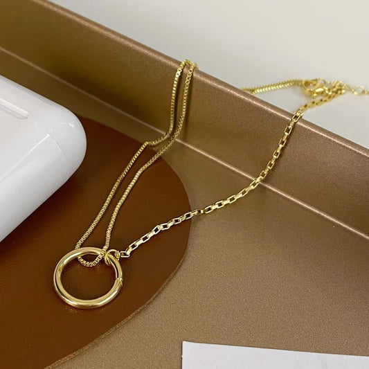 Gold round ring pendant choker necklace with fine chain, minimalist design