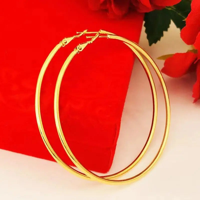 24K Gold AU999 Large Round Hoop Earrings Women's - Premium pure gold, classic versatile design, suitable for commute