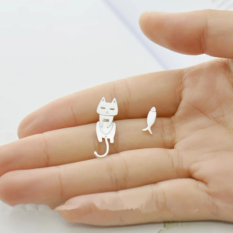 925 Sterling Silver Ear Stud Cat Fish Earring Gift for Women Hypoallergenic Eardrop Fine Jewelry Studs Prevent Allergy Dangler