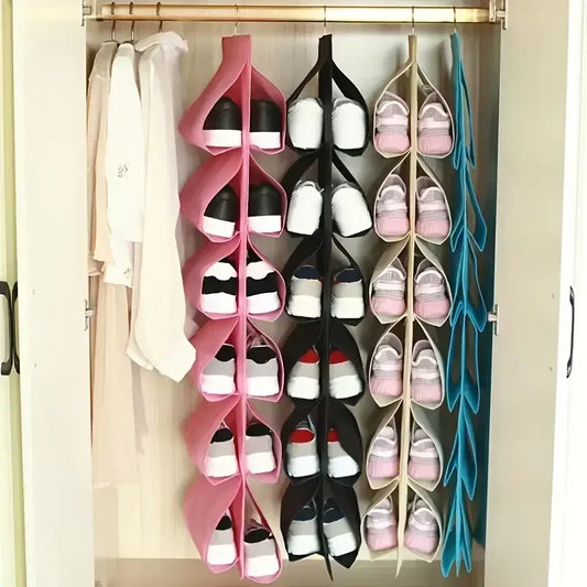 Hanging shoe storage organizer with multiple colorful stacked compartments