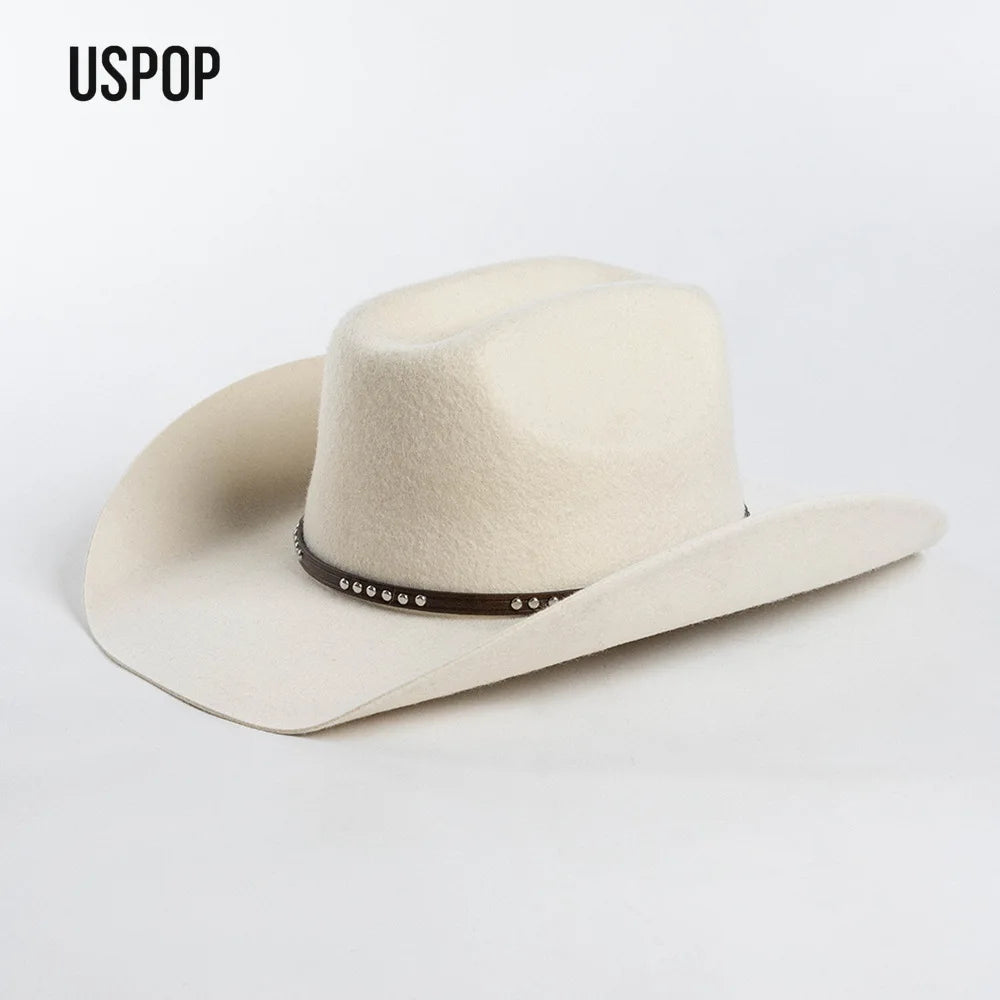 USPOP Autumn Winter Western Cowboy Hat Unisex Casual Studded Wool Felt Hat with Belt  Large Size Fedora Available in Sizes S-XL