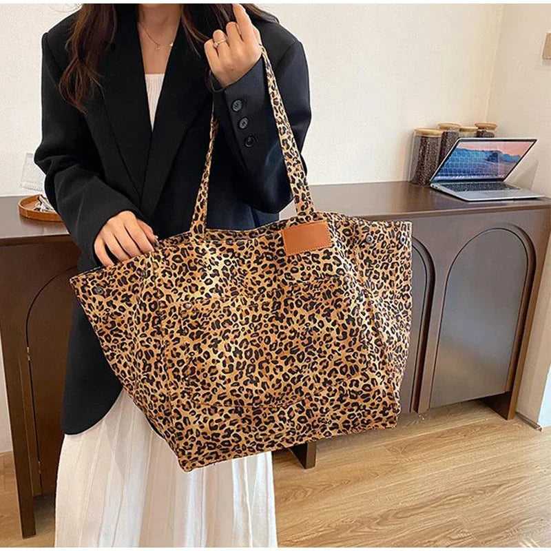 Vintage Leopard Print Women's Handbag Fashion Large Capacity Leopard Print Canvas Bag Underarm Bag Large Shopping Bag Women' Bag