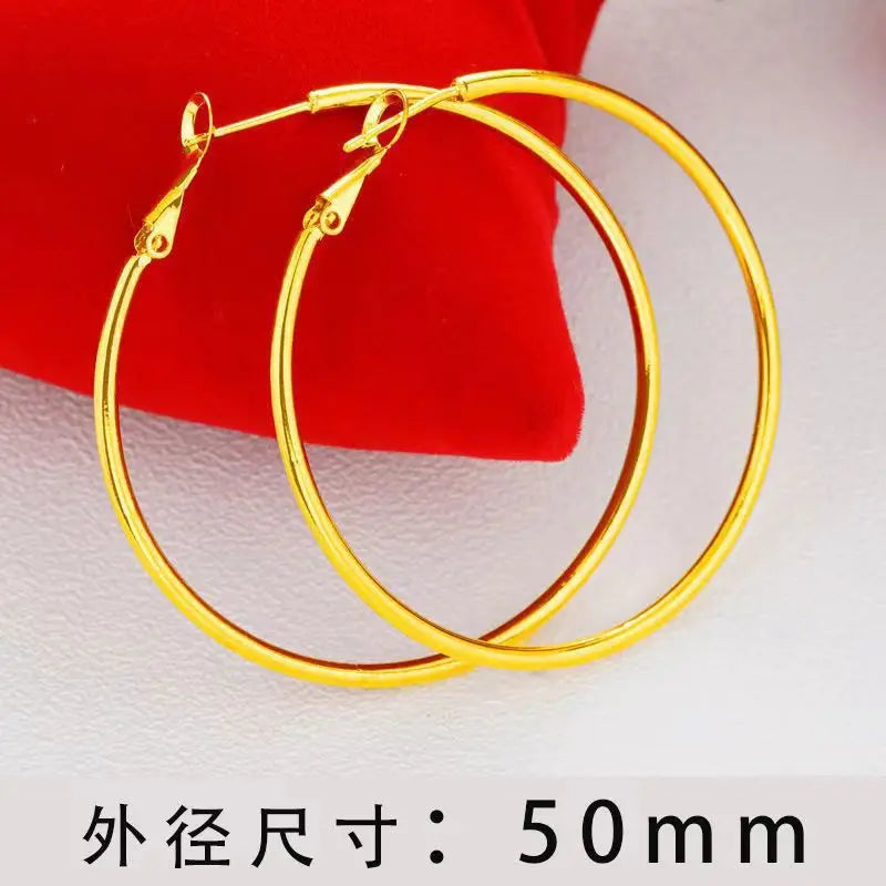 24K Gold AU999 Large Round Hoop Earrings Women's - Premium pure gold, classic versatile design, suitable for commute