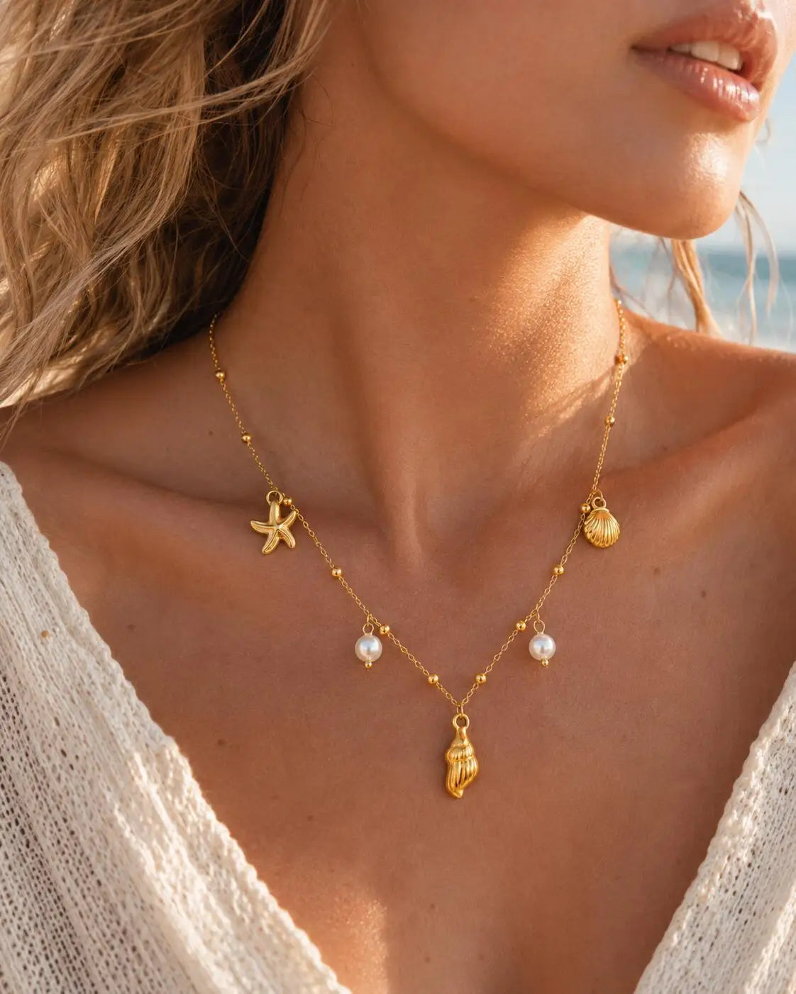 18K Gold Plated Pearl, Shell, Conch, Starfish Summer Beach Necklace for Women, Stainless Steel Waterproof Charm Jewelry