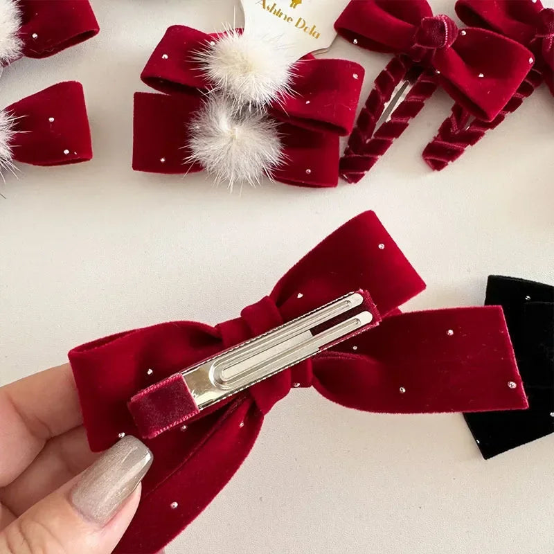 1/2Pc Red Velvet Bow Hair Pins Alloy Heart Hair Clips for Kids Girls Pompom Barrettes Ponytail Holder Headwear Accessories