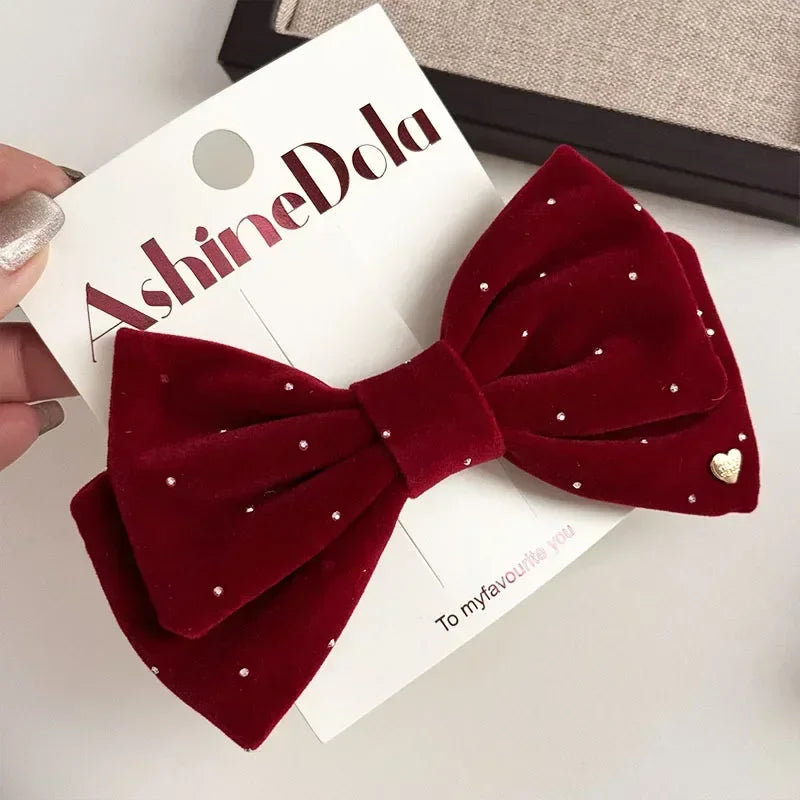 1/2Pc Red Velvet Bow Hair Pins Alloy Heart Hair Clips for Kids Girls Pompom Barrettes Ponytail Holder Headwear Accessories