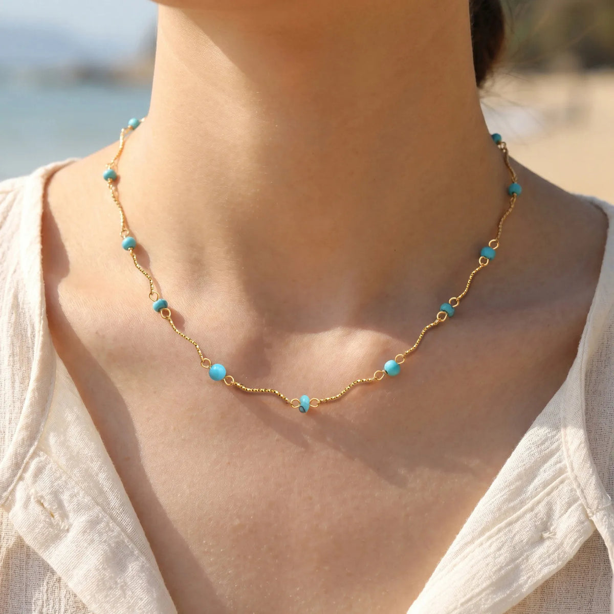 Waterproof Turquoise Necklace Gold Plated Stainless Steel Non-tarnish Wavy Link Chain Bead Choker Necklace Summer Boho Jewelry