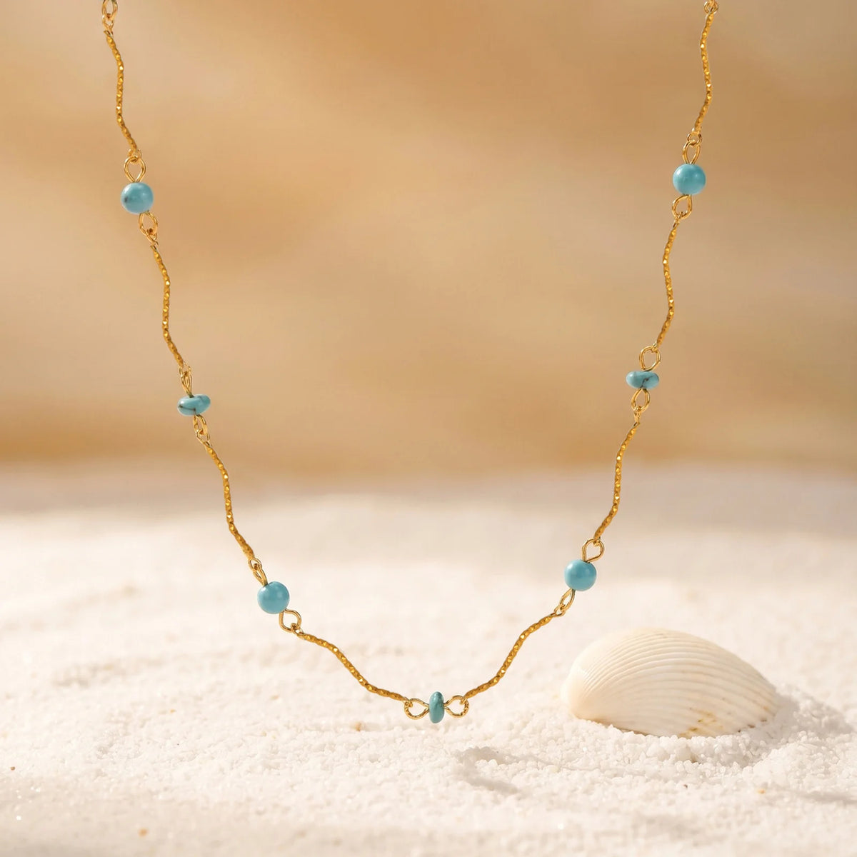Waterproof Turquoise Necklace Gold Plated Stainless Steel Non-tarnish Wavy Link Chain Bead Choker Necklace Summer Boho Jewelry