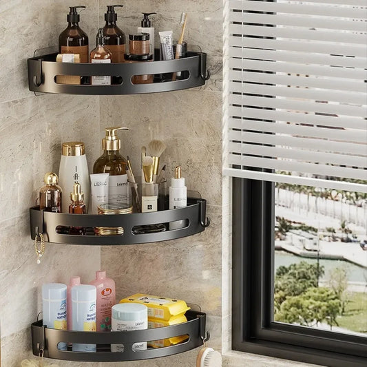 Corner bathroom shelf organizer with two tier dark metal racks and side hooks