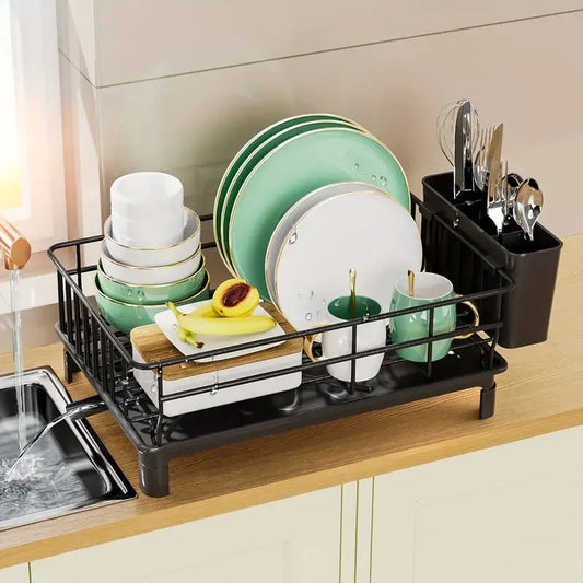 Rustproof Dish Drying Rack Kitchen Countertop Dish Rack Dish Drainer Organizer with Utensil Holder＆ Drain Board for Kitchen Sink