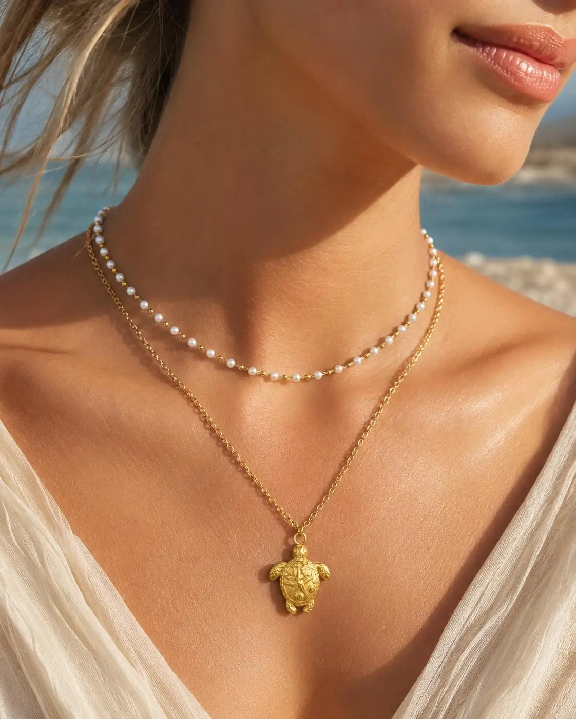 18K Gold Plated Pearl, Shell, Conch, Starfish Summer Beach Necklace for Women, Stainless Steel Waterproof Charm Jewelry