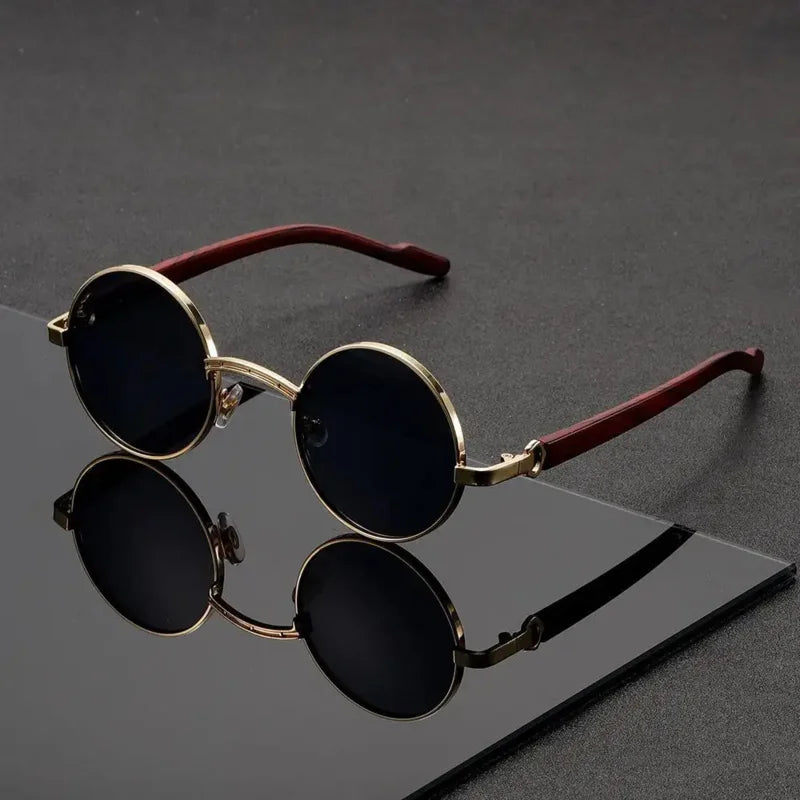1pc SunGlasses, Retro Fashion Glasses For Men And Women, Metal Glasses With Imitation Wood Grain Temples