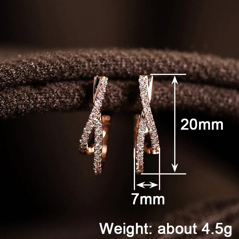 Huitan Rose Gold Color Women Hoop Earrings Cross Design Trendy Party Elegant Lady Wedding Accessories Inlaid Shiny CZ Jewelry
