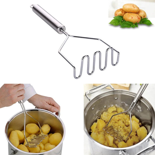 Stainless steel potato masher with U-shaped prongs and long cylindrical handle