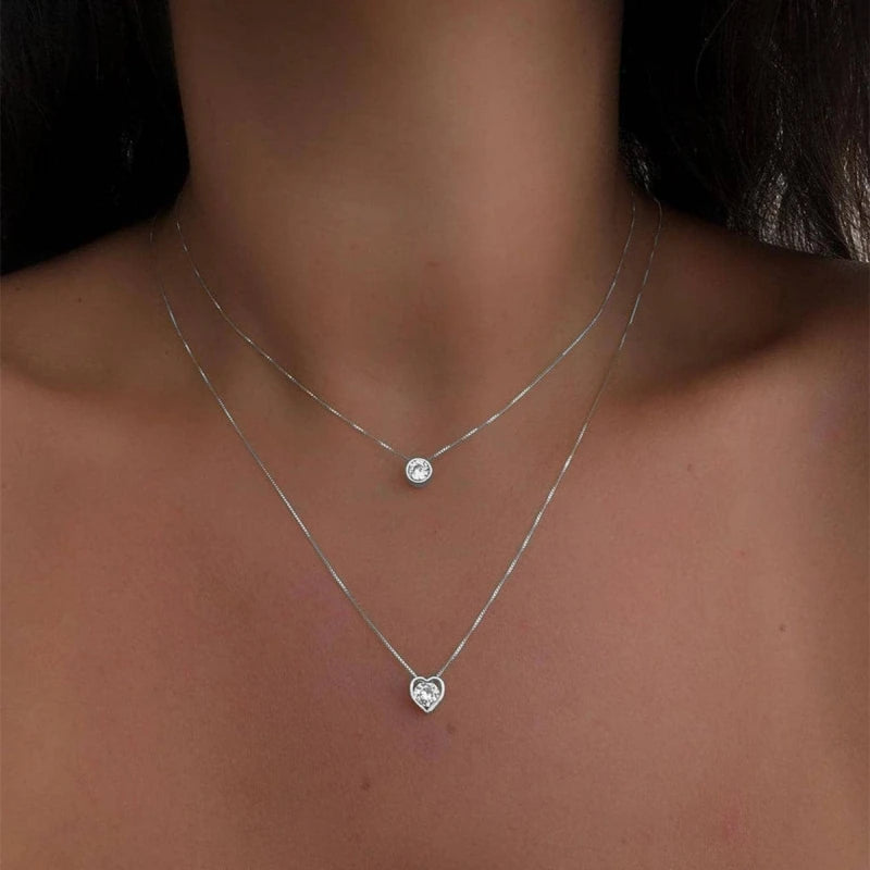 Simple Double Layer Chain Rhinestone Heart Choker Necklaces for Women Jewelry Gift