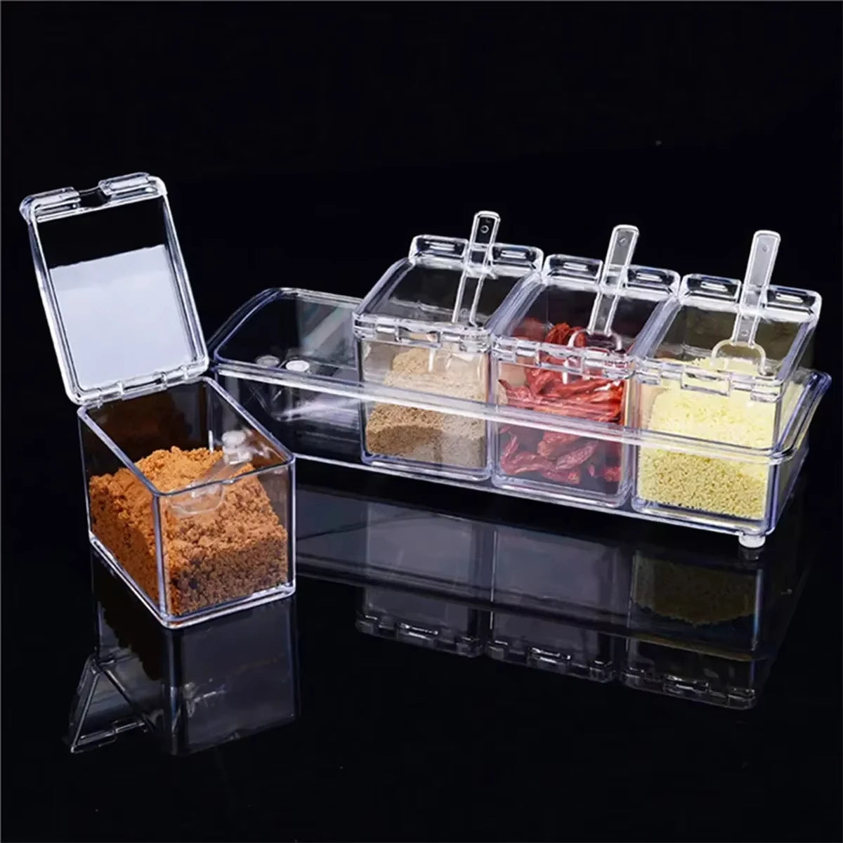 Kitchen Spice Pot 4 Transparent Seasoning Boxes with Cover and Spoon for Storage Containers Seasoning Cans Acrylic Seasoning Box