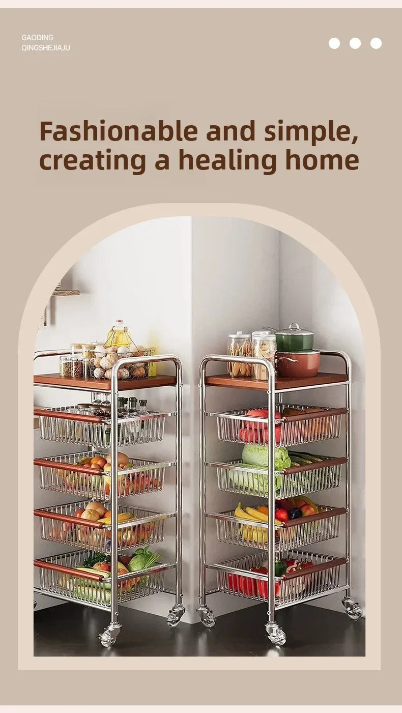 Wooden Rolling Kitchen Cart with 4/8 Baskets, Fruit Vegetable Storage Rack