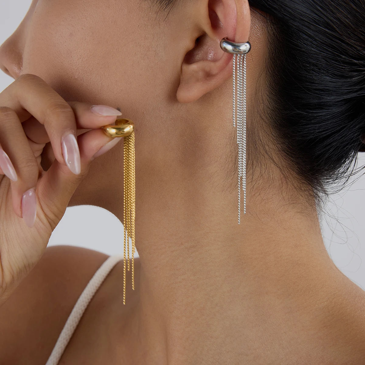 Yori 1Pc Long Tassel Drop Dangle Ear Clip Women's Metal Charms Stainless Steel 18K Gold PVD Plated Waterproof Jewelry 2025 New
