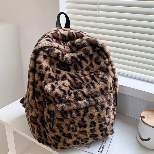 Leopard-pattern plush womens backpack, dark khaki, zip-top, small front pocket.