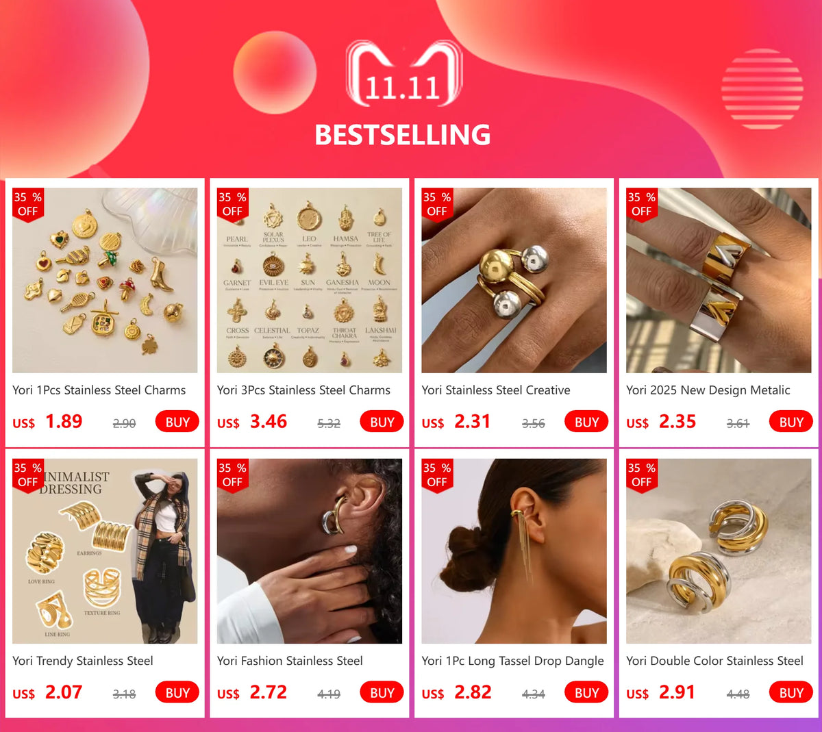 Yori 1Pc Long Tassel Drop Dangle Ear Clip Women's Metal Charms Stainless Steel 18K Gold PVD Plated Waterproof Jewelry 2025 New