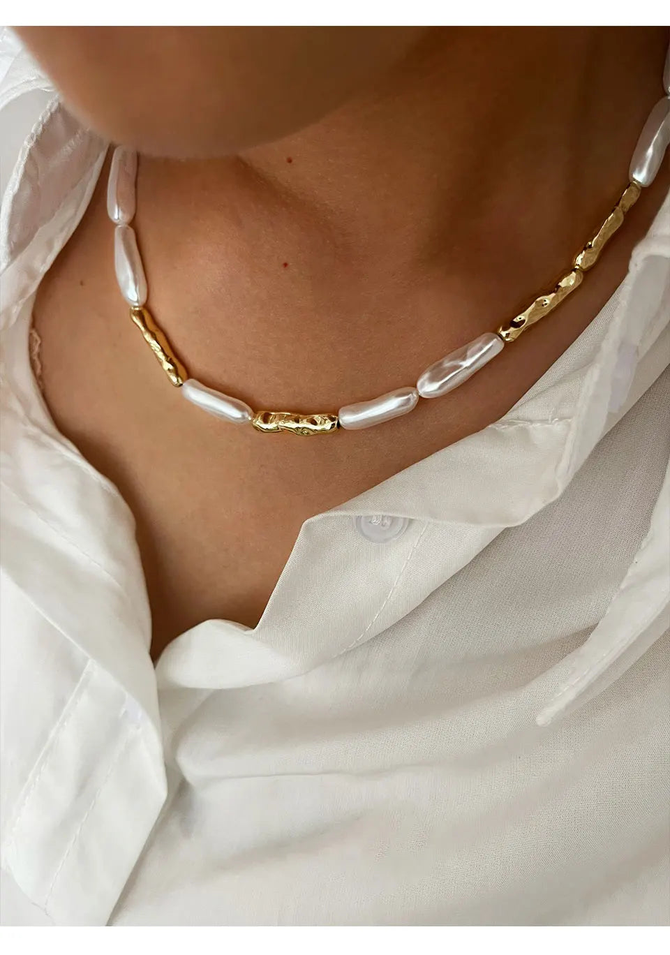 Peri'sbox Vintage Fashion Irregular Imitation Baroque Pearl Metal Copper Necklace for Women Punk Hip-Hop Statement Jewelry Gifts