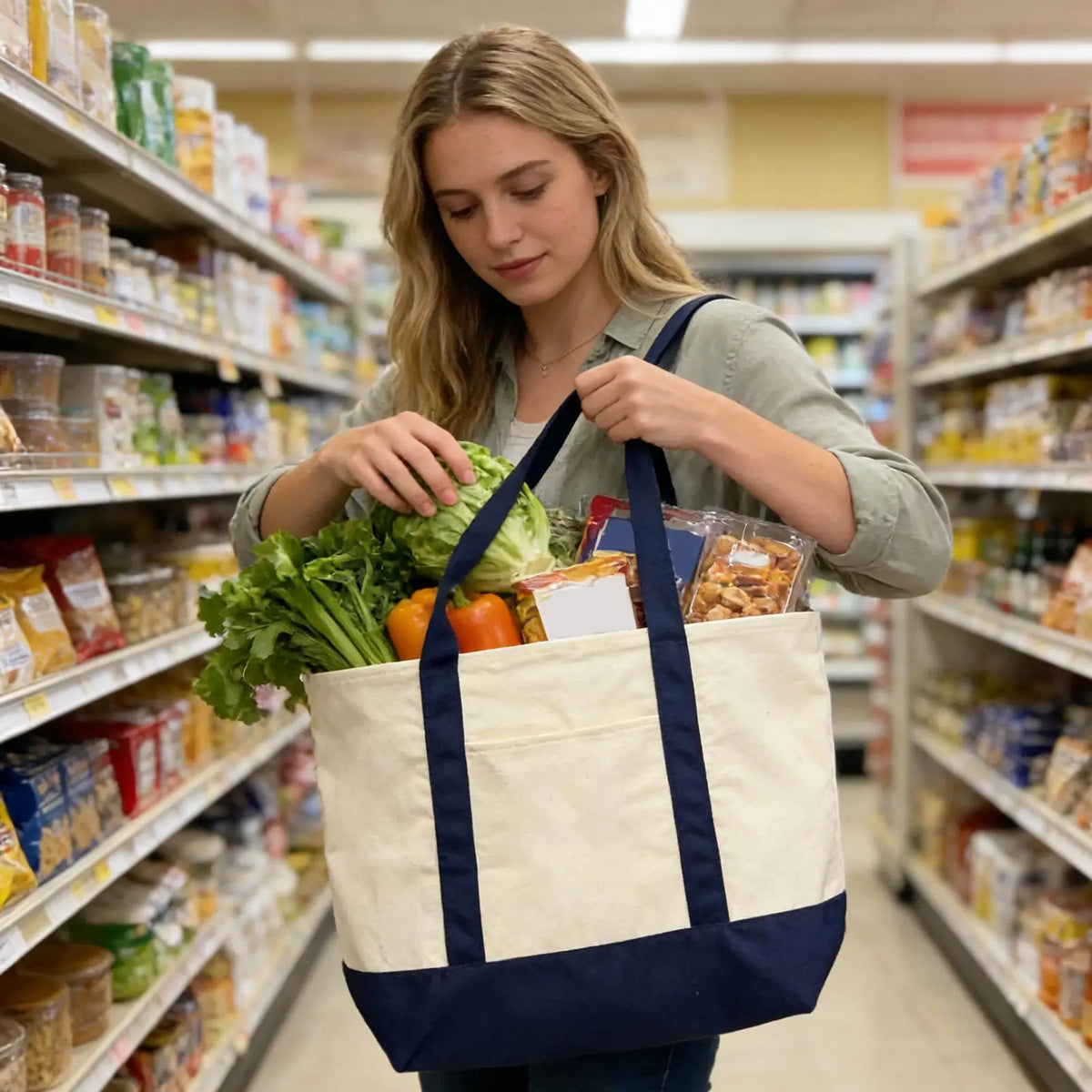 Canvas Tote Bag with embroidered Handle Reusable Ladies Elegant Shoulder Bag for Grocery Shopping Beach Travel