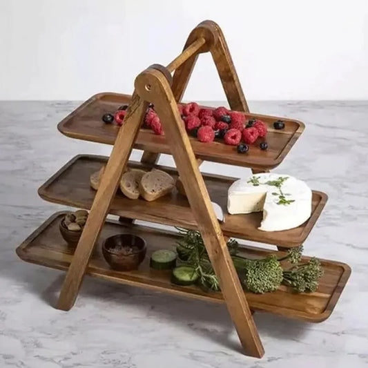3-tier wooden tiered tray stand with honey-brown finish, three tray tiers for serving