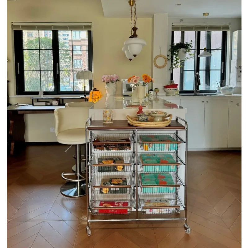 Wooden Rolling Kitchen Cart with 4/8 Baskets, Fruit Vegetable Storage Rack