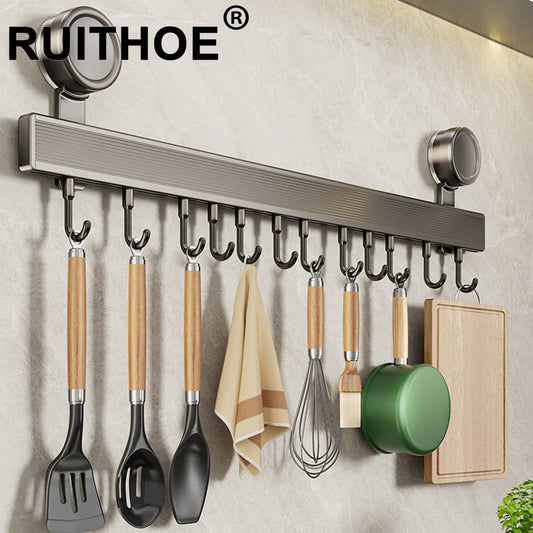 Aluminum suction cup towel rack with grey bar and chrome hooks for hanging utensils